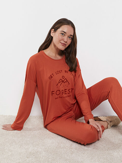 LCW DREAM Bisiklet Yaka Baskılı Uzun Kollu Kadın Pijama Takımı - W2CT57Z8-HBX