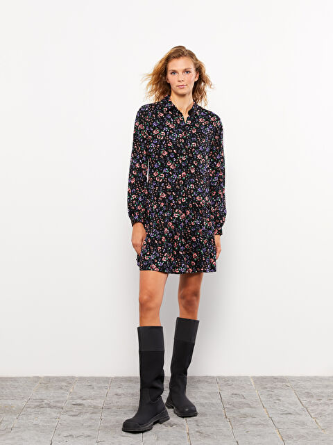 LCW Vision Gömlek Yaka Desenli Uzun Kollu Viskon Elbise - W2CY99Z8-LR8