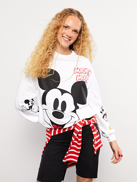 XSIDE Ekru Bisiklet Yaka Mickey Mouse Baskılı Uzun Kollu Kadın