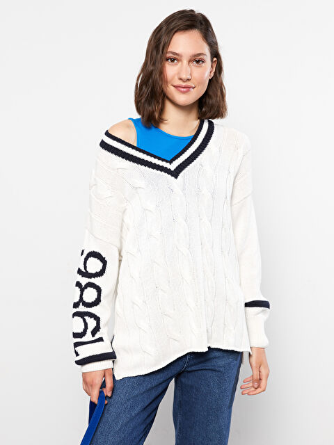 LCW Vision V Yaka Kendinden Desenli Uzun Kollu Kadın Triko Kazak - W2DY65Z8-R9J