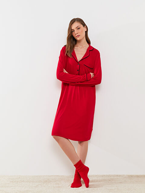 LCW DREAM Gömlek Yaka Yılbaşı Temalı Uzun Kollu Kadın Gecelik - W2EB59Z8-HKP