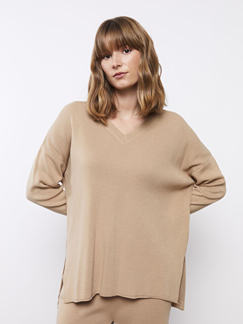 LCW Vision V Yaka Düz Uzun Kollu Kadın Triko Kazak - W2EH48Z8-FM0