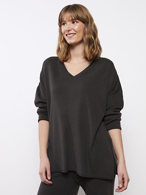 LCW Vision V Yaka Düz Uzun Kollu Kadın Triko Kazak - W2EH48Z8-R3Z