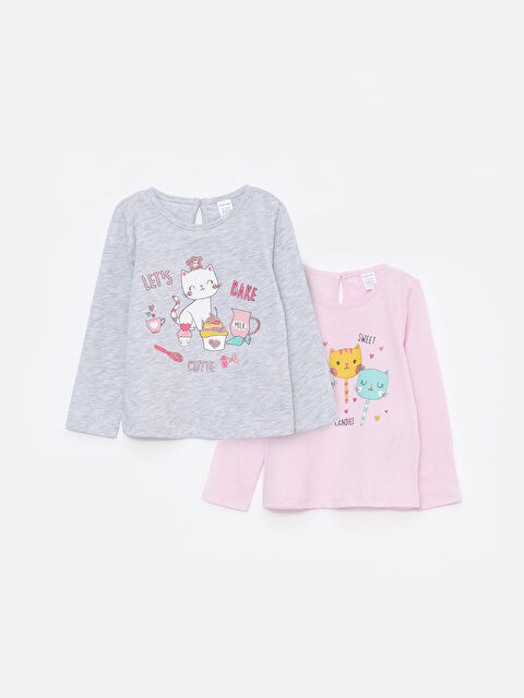 LCW ECO Bisiklet Yaka Uzun Kollu Baskılı Kız Bebek Tişört 2'li - W2EQ03Z1-DMQ
