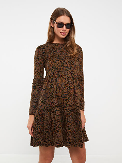 LCWAIKIKI Maternity Bisiklet Yaka Desenli Uzun Kollu Hamile Elbise