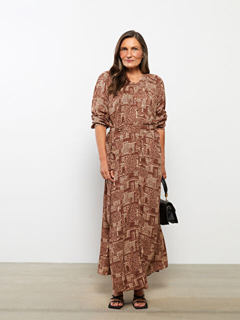 LCW Grace Bisiklet Yaka Desenli Uzun Kollu Viskon Elbise - W2EU12Z8-LQB