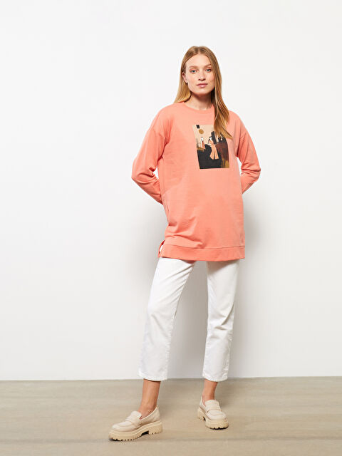 LCWAIKIKI Basic Bisiklet Yaka Baskılı Uzun Kollu Kadın Sweatshirt Tunik - W2FC57Z8-GBR