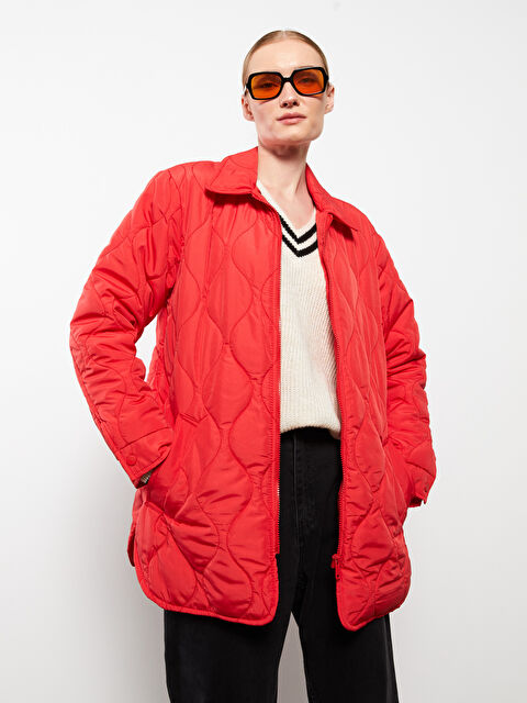 LCWAIKIKI Classic Gömlek Yaka Kendinden Desenli Uzun Kollu Kadın Şişme Mont - W2FF57Z8-GYE