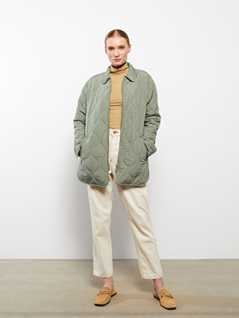 LCWAIKIKI Classic Gömlek Yaka Kendinden Desenli Uzun Kollu Kadın Şişme Mont - W2FF57Z8-SEV