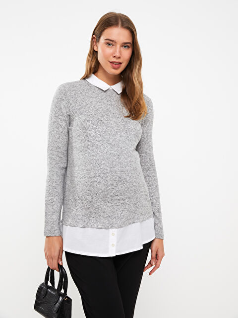 LCWAIKIKI Maternity Gömlek Yaka Düz Uzun Kollu Hamile Tişört - W2FH52Z8-LAL