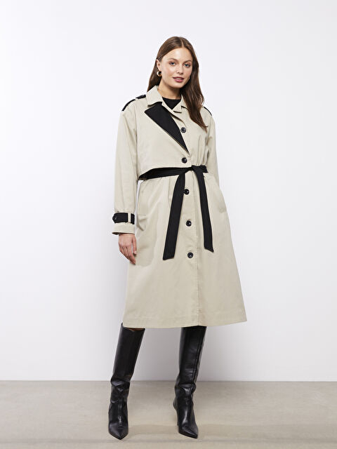 LCWAIKIKI Classic Gömlek Yaka Renk Bloklu Uzun Kollu Kadın Trençkot - W2FN20Z8-FWE