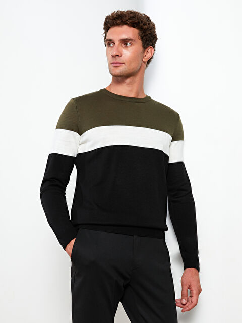 LCW ECO Pulover Tricotat pentru Bărbați cu Guler Rotund și Mânecă Lungă, Bloc de Culoare - W2FO57Z8-J2L