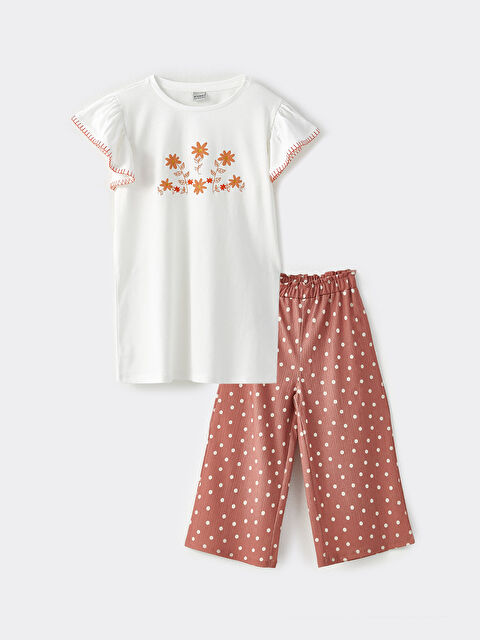 LCW Kids Bisiklet Yaka Baskılı Kısa Kollu Kız Çocuk Tişört ve Pantolon - W2G010Z4-FRC