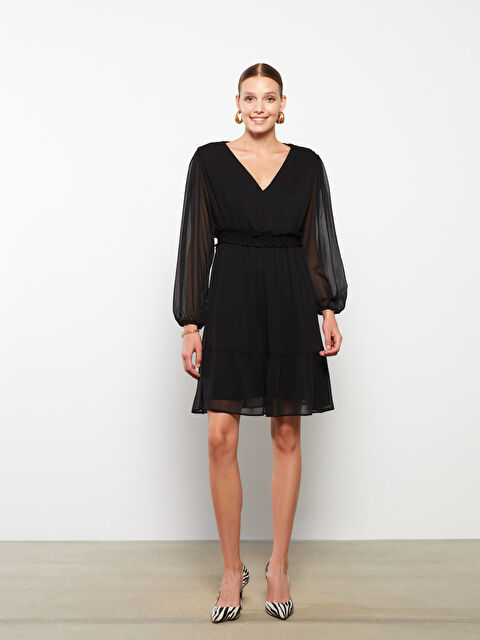 LCWAIKIKI Classic V Yaka Düz Uzun Kollu Şifon Elbise - W2G232Z8-CVL