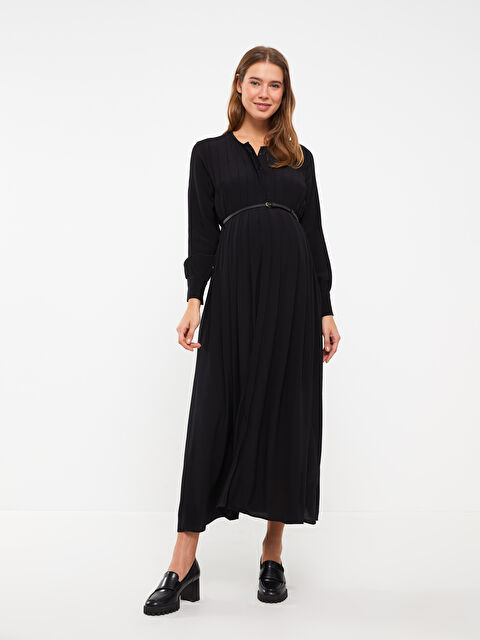 LCWAIKIKI Maternity Bağlama Yaka Düz Uzun Kollu Viskon Hamile Elbise - W2GC37Z8-CVL