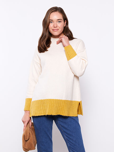 LCWAIKIKI Maternity Dik Yaka Renk Bloklu Uzun Kollu Hamile Triko Tunik - W2GE84Z8-S23