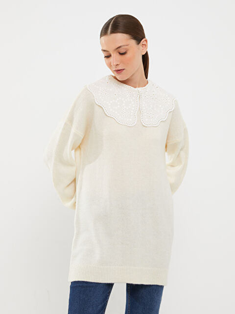 LCW Modest Bebe Yaka Nakışlı Uzun Kollu Kadın Triko Tunik - W2GF24Z8-SDG