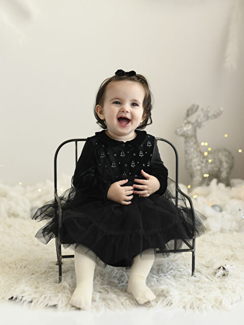 KANZ Bebe Yaka Uzun Kollu Desenli Kız Bebek Elbise ve Saç Bandı 2'li Takım - W2GO73Z1-RQN