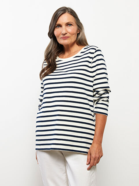 LCW Grace Bisiklet Yaka Çizgili Uzun Kollu Kadın Tişört - W2GQ83Z8-LSJ