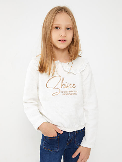 LCW Kids Сәбилерге арналған дөңгелек жағалы кестеленген ұзын жеңді қыздардың свитшоты - W2H452Z4-R9J