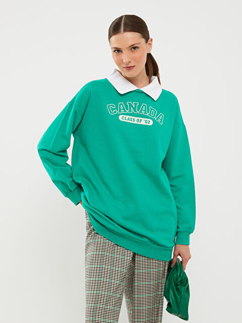 LCW Modest Gömlek Yaka Baskılı Uzun Kollu Kadın Sweatshirt Tunik - W2H607Z8-Q0V