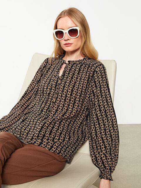 LCWAIKIKI Classic Frilly Tied Collar Patterned Long Sleeve Viscose Women's Blouse - W2H678Z8-LQJ