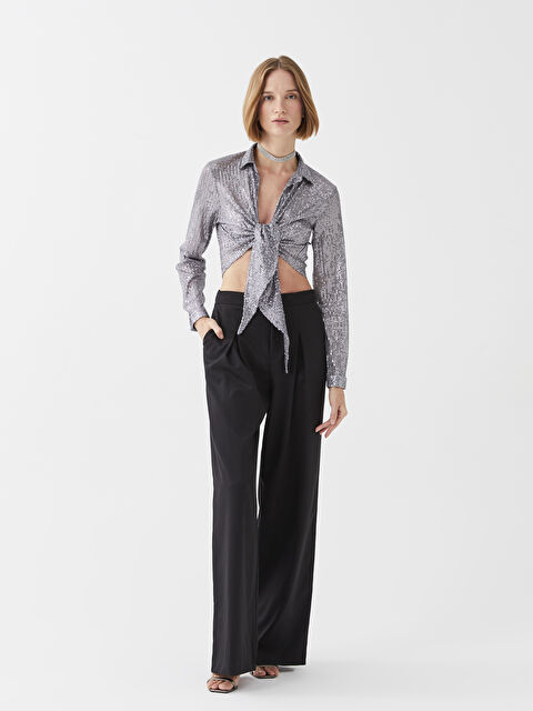 LCWAIKIKI Classic Shirt Collar Sequin Embroidered Long Sleeve Women's Evening Dress Shirt - W2H720Z8-SMY