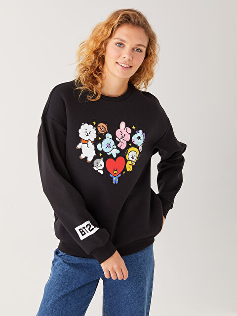 XSIDE Bisiklet Yaka BT21 Baskılı Kadın Kalın Sweatshirt - W2HE80Z8-CVL