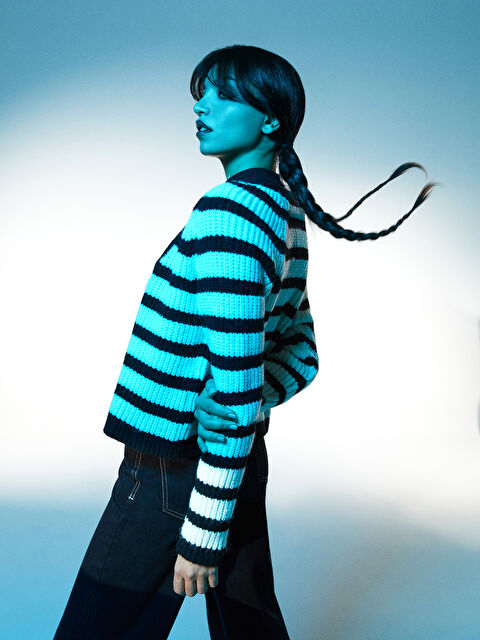 XSIDE V Yaka Çizgili Uzun Kollu Kadın Triko Hırka - W2HO40Z8-CVL