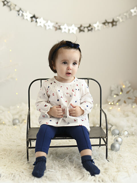 KANZ Bisiklet Yaka Uzun Kollu Desenli Kız Bebek Bluz ve Tayt 2'li Takım - W2HO66Z1-LRB