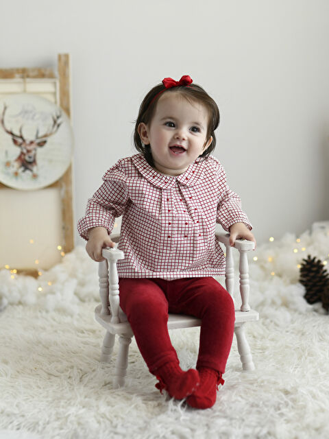 KANZ Bebe Yaka Uzun Kollu Ekose Desenli Kız Bebek Bluz ve Tayt 2'li Takım - W2HO68Z1-LTQ