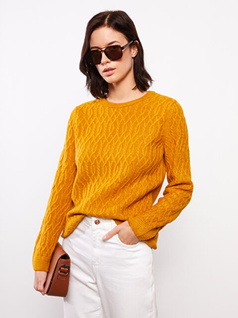 LCWAIKIKI Basic Bisiklet Yaka Kendinden Desenli Uzun Kollu Kadın Triko Kazak - W2HR58Z8-LDN