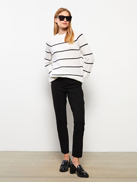 LCWAIKIKI Basic Bisiklet Yaka Çizgili Uzun Kollu Kadın Triko Kazak - W2HR59Z8-LFC