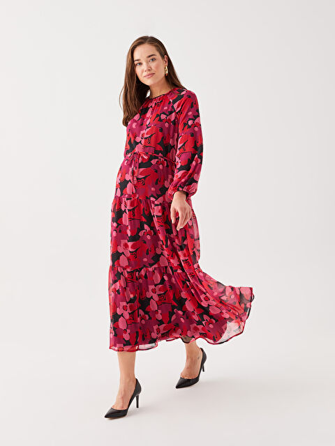 LCWAIKIKI Maternity Bisiklet Yaka Desenli Uzun Kollu Hamile Elbise - W2HT52Z8-LRC