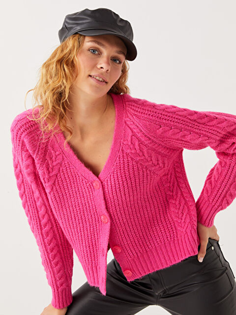 XSIDE V Yaka Kendinden Desenli Uzun Kollu Kadın Triko Hırka - W2HU10Z8-RX2