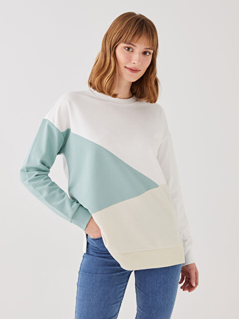 LCWAIKIKI Basic Bisiklet Yaka Renk Bloklu Uzun Kollu Kadın Sweatshirt - W2IQ09Z8-FEW