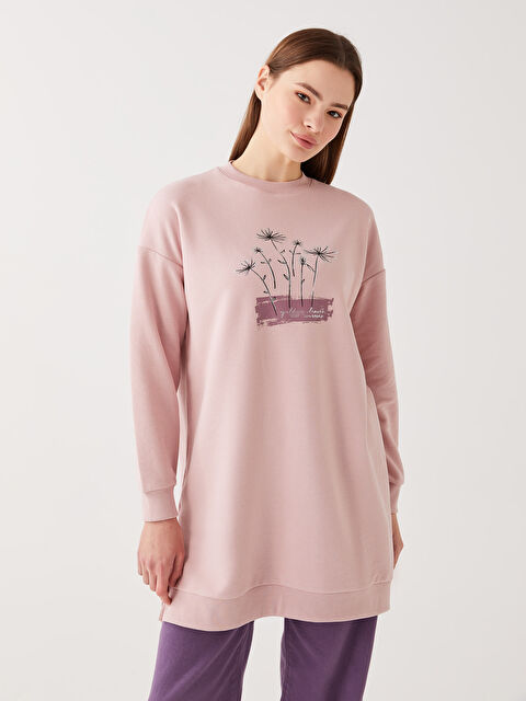 LCW Modest Bisiklet Yaka Baskılı Uzun Kollu Kadın Sweatshirt Tunik - W2J395Z8-S4J