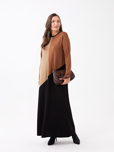 LCW Grace Crew Neck Long Sleeve Women's Dress with Color Block - W2JF54Z8-F5H