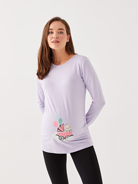 LCWAIKIKI Maternity Bisiklet Yaka Baskılı Uzun Kollu Hamile Tişört - W2JI27Z8-V2N