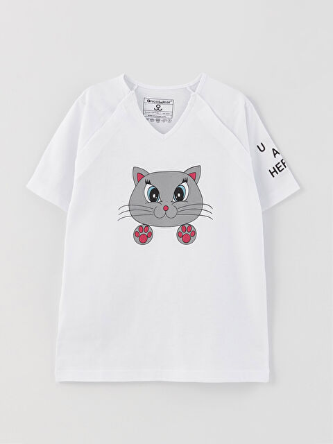 Oncowear V Yaka Baskılı Kısa Kollu Kız Çocuk Tişört