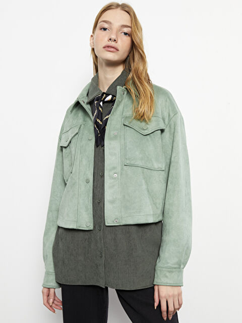 LCW Vision Women's Shirt Collar Plain Faux Leather Coat - S30238Z8-RYR