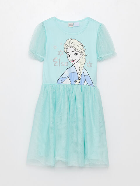 LCW Kids Crew Neck Elsa Printed Short Sleeve Girls' Dress - S30284Z4-FVE