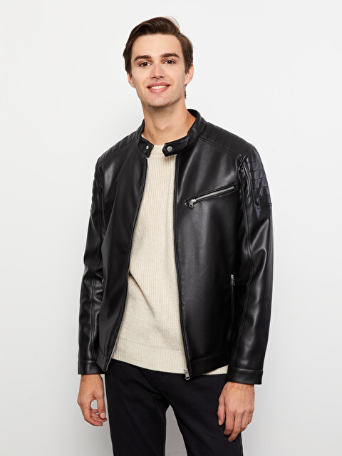 XSIDE Slim Fit Men's Faux Leather Jacket - S30327Z8-CVL - LC Waikiki