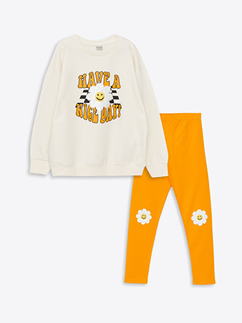 LCW Kids Crew Neck Printed Long Sleeve Girls' Sweatshirt and Tights - S30854Z4-FES