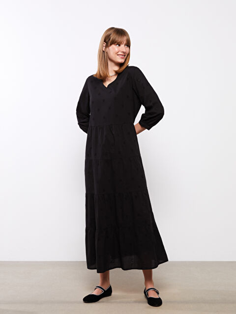 LCW Modest V-Neck Long Sleeve Women's Dress - S31658Z8-RQL