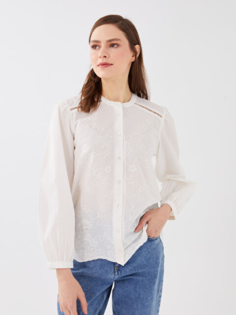 LCW Modest Grandad Collar Embroidered Long Sleeve Women's Blouse - S31674Z8-S23