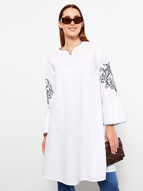 LCW Modest Henley Neckline Embroidered Long Sleeve Poplin Women's Tunic - S31693Z8-S23
