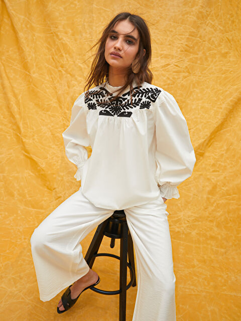 LCW Modest Standing Neck Embroidered Long Sleeve Oversize Women's Blouse - S31700Z8-SJT