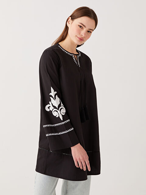LCW Modest Tie Collar Embroidered Long Sleeve Women's Tunic - S31701Z8-RQL