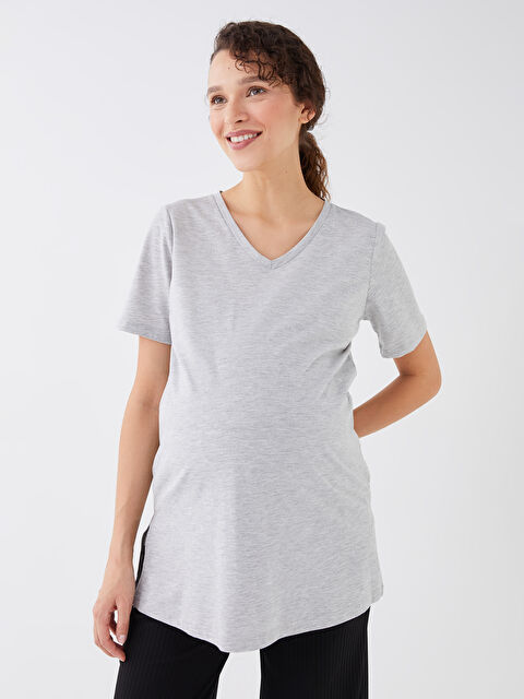 LCWAIKIKI Maternity تي شيرت حوامل سادة بياقة على شكل حرف V وكم قصير - S32184Z8-CT3